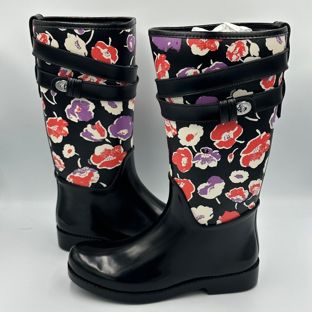Coach Trisha II Print Rain Boots Black Floral Buckle Accent Size 7B - Picture 13 of 15